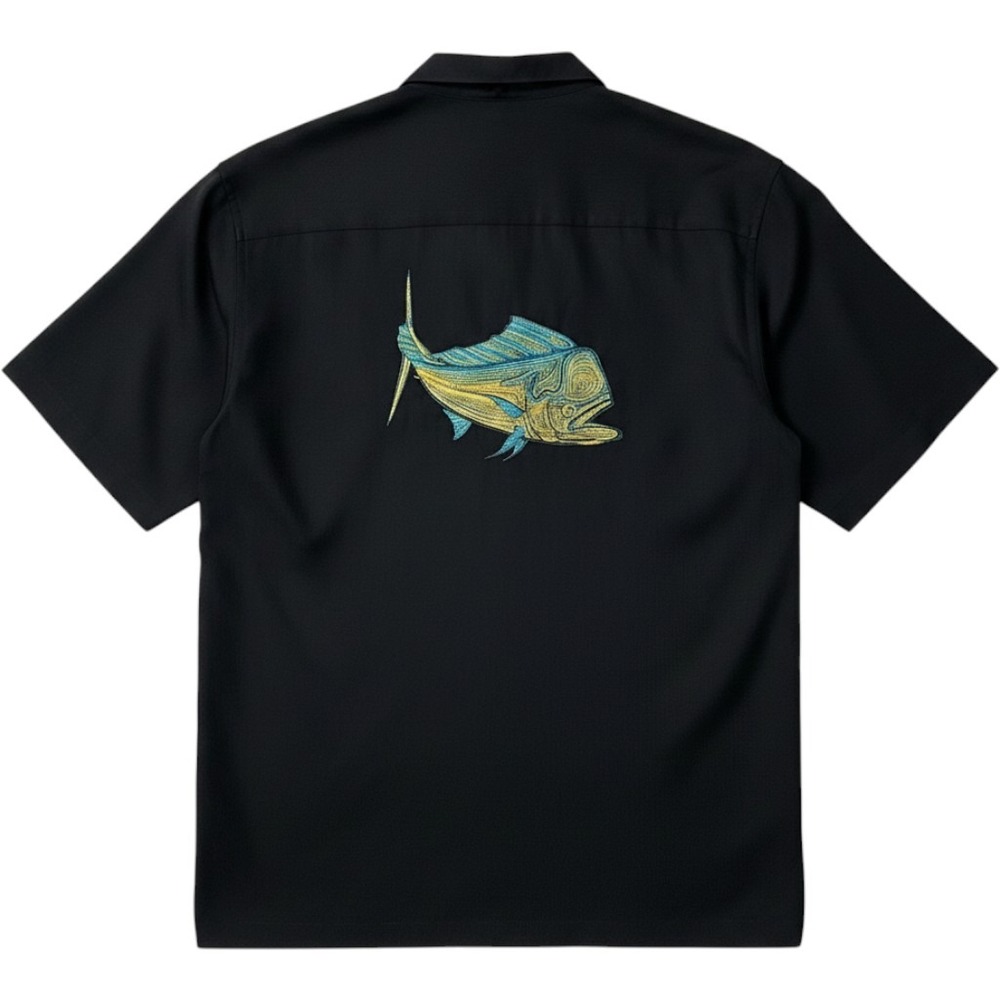 Hook and Tackle Mens XL Black Mahi Mahi Embroidered Camp Shirt Limited Edition